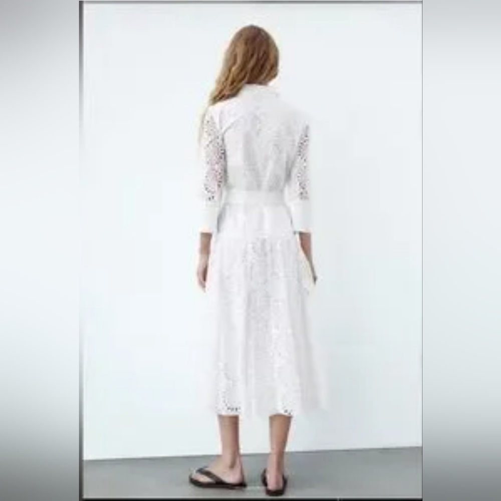 Zara Embroidered White Lace Midi Dress Size Xl - Picture 3 of 11